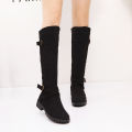 Women Round Toe Mid Calf Boots Female Matte Leather Knight Boot Woman Buckle Square Low Heel Shoes Footwear. 