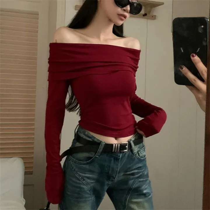 Tops%20Off%20Shoulder%20Long%20Sleeve%20Crop%20Top%20Women's%20Autumn/Winter%202023%20New%20Spicy%20Girl%20Slim%20Fit%20Short%20Red%20T-shirt%20-%20Image%204