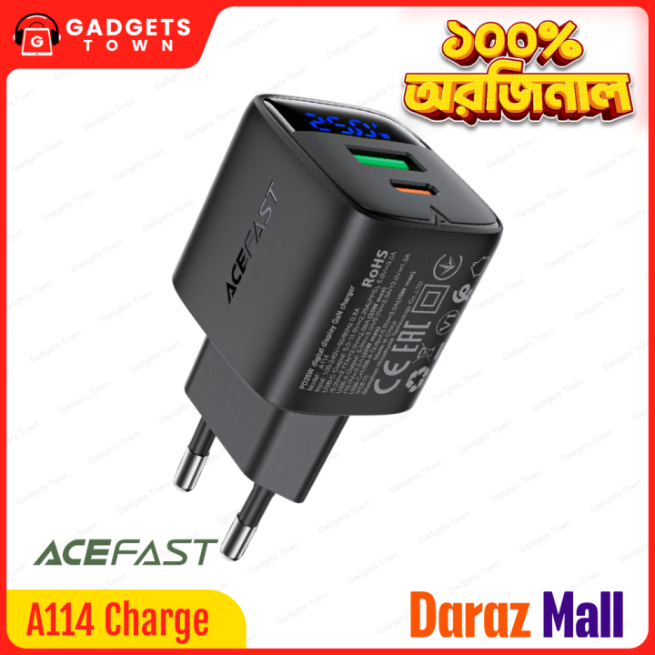 ACEFAST | A114 | 25W GaN Fast Wall Charger | Dual Port USB-C (PD/PPS 25W) + USB-A (20W) | LED Digital Display | 100–240V EU Plug | Multi-Protocol PD3.0/QC4+ | Flame-Retardant PC | Fast Charger for Android & iPhone 15