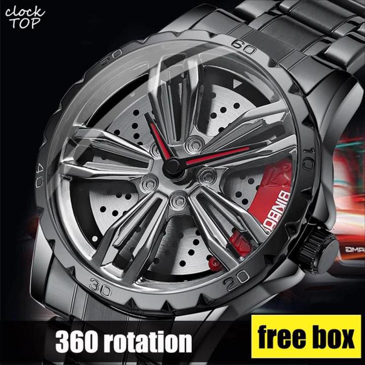 Rotation Wheel Watch for Man Spinning Rim Hub Quartz Wristwatch Luxury Full Black Stainless Steel Reloj Male Rotating Skeleton Dial Clock