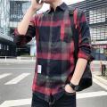 Red Plaid Shirt Men's Loose Casual Shirt Korean Style Trendy Handsome Workwear Shirt Coat Spring. 