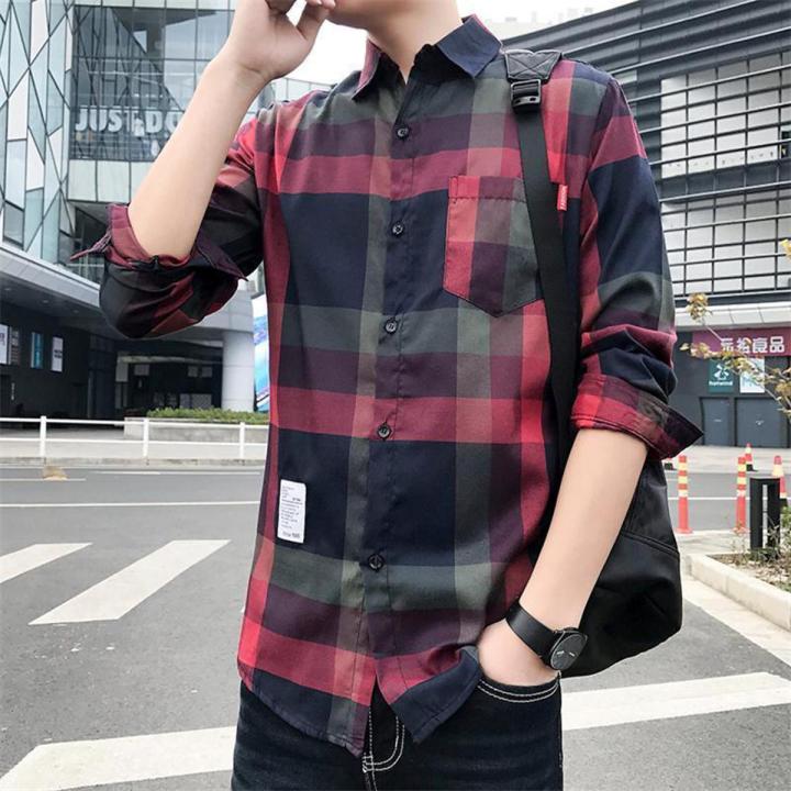 Red Plaid Shirt Men's Loose Casual Shirt Korean Style Trendy Handsome Workwear Shirt Coat Spring
