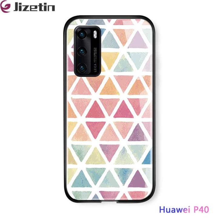 Jizetin for Huawei P40 Glass Back Cover Decorative Pattern Glossy Tempered Glass Shockproof Soft Edge Phone Cases