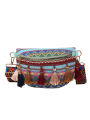 Women Folk Style Waist Bag with Adjustable Strap, Variegated Color Fanny Pack with Fringe Decor, Khaki/ Blue/ Yellow. 