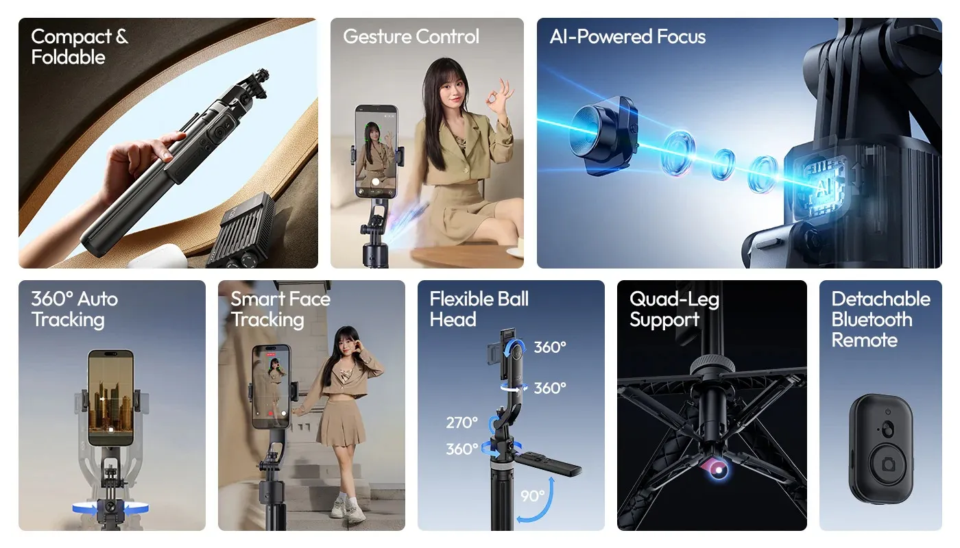 ULANZI TT23 Bastone Selfie Con Treppiede E Tracciamento Automatico AI – 165 Cm, Rotazione 360°, Telecomando Bluetooth, Per Smartphone E Action Cam