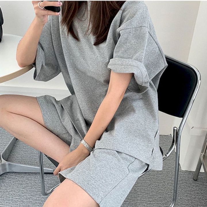 2021%20Spring%20And%20Summer%20Korean%20White%20Short%20Sleeve%20T-shirt%20Shorts%20Two-piece%20Suit%20Women%20Loose%20High%20Waist%20Casual%20Sports%20Top%20Pants%20-%20Image%204
