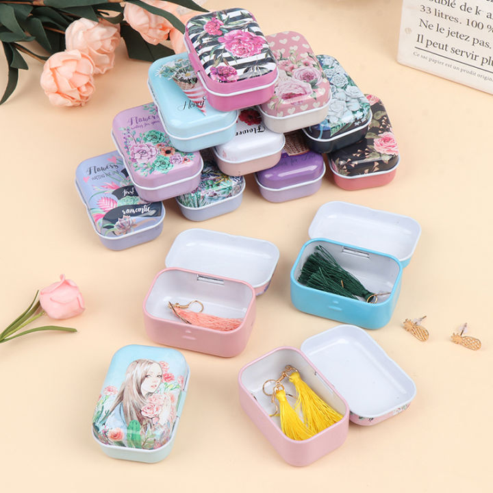 1*Mini Flower Tin Trinket Jewelry Box Tinplate Storage Case Small Rectangul