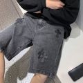 American cross-print denim shorts men's summer thin Hong Kong style loose trousers trendy brand retro casual mid-pants y2k tops.