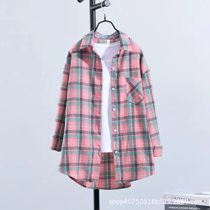 Plaid%20Shirt%20Women's%20Loose%20Long%20Sleeve%20New%20Versatile%20Casual%20Student%20Spring%20and%20Autumn%20Large%20Size%20Korean%20Style%20Shirt%20Coat%20Top%20Fashion%20-%20Image%203