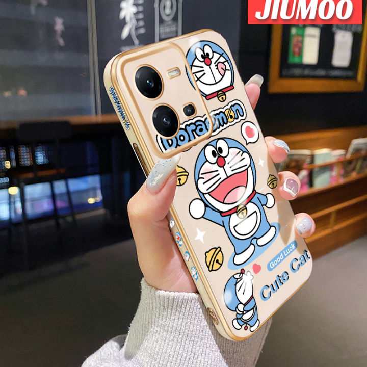 JIUMOO Case For vivo V25 5G V25 Pro 5G V25E X80 Lite S15 Pro 5G Case Cartoon Doraemon Pattern Shockproof Luxury Plating Phone Cases Square Edge Soft Silicone Case Full Cover Camera Lens Protection Shell