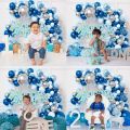 Ultimate Birthday Decor Combo - Silver Foil Curtain, Blue Paper Banner, Metallic Balloons, Confetti Delight, and Balloon Garland Arch - Full 47 Piece Party Package. 