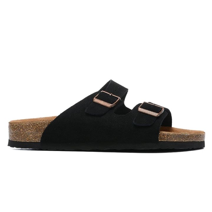 Men%20Arizona%20Style%20Sandals%20Women%20Casual%20Shoes%20Ladies%20Two%20Buckles%20Summer%20Beach%20Leather%20Flip%20Flops%20Wood%20Sole%20Slides%20With%20Shoes%20Box%20-%20Image%205
