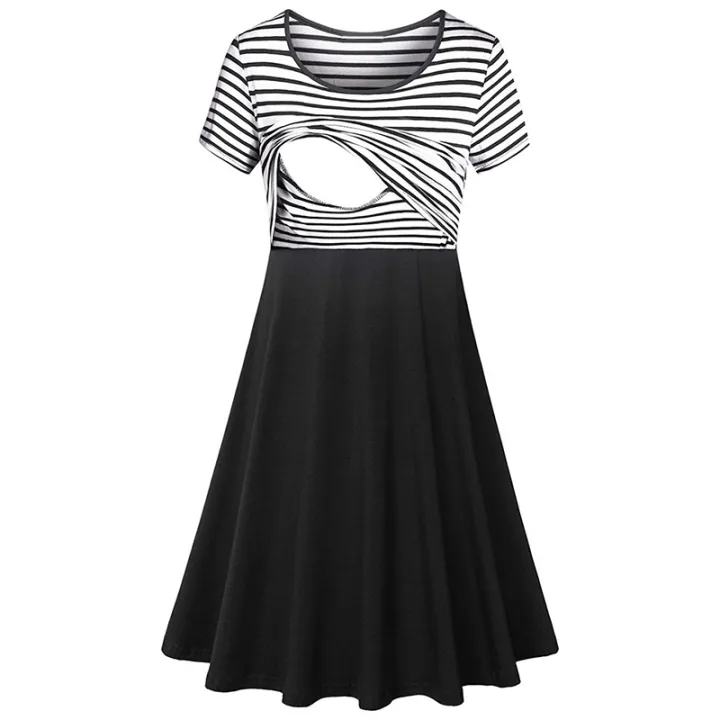 Maternity%20Women's%20Stripe%20Dresses%20Casual%20Summer%20Knee%20Length%20Pregnancy%20Clothes%20Ruched%20Pregnant%20Breastfeeding%20Clothes%20-%20Image%202