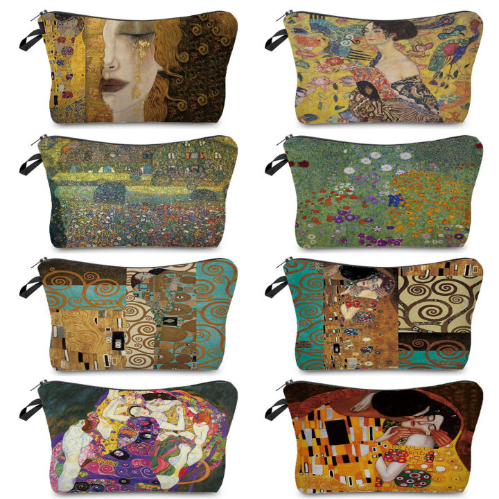 Customized Oil Painting Tears Cloth Cosmetic Bags For Women Gustav Klimt Ladies Fashion Makeup Bag Multifunction Pencil Cases