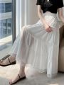 Midi Long Skirt Women White Skirt 2024 Mori Girl Style Sweet Crochet Lace Spring Summer High Waisted A-Line Pleated Skirts rok. 