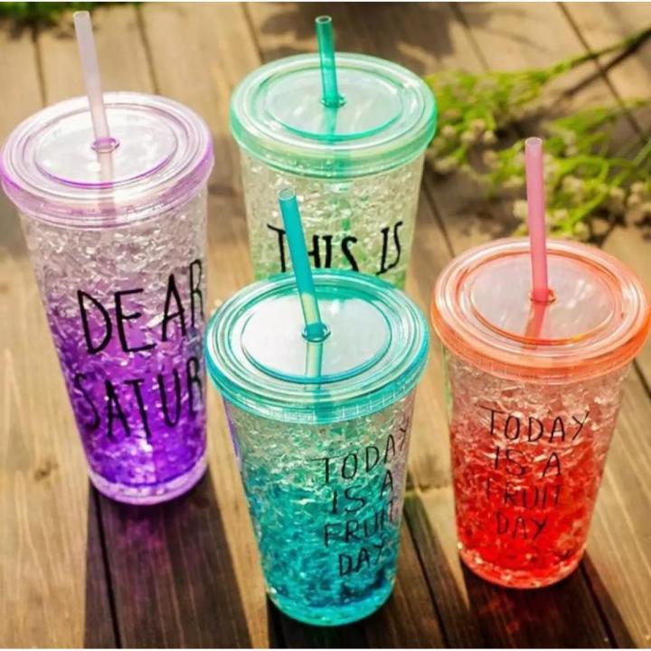 Coloring  Slider Double Wall Insulated Summer Water & Juice Pots Ice Straw Cup For Fruit Juice -Multicolour - Coffee Mug