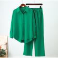 Ladies Spring Summer Blue Trouser Suit Set for Women Office Wear Chic Shirts Two Piece Suit Women Elegant Wide Pants Outfits Tracksuit. 