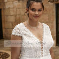 Simple Plus Size Wedding Dresses Short Sleeves Backless Bride Gowns Chiffon A-Line Sweep Train Lace Applique فستان حفلات الزفاف.