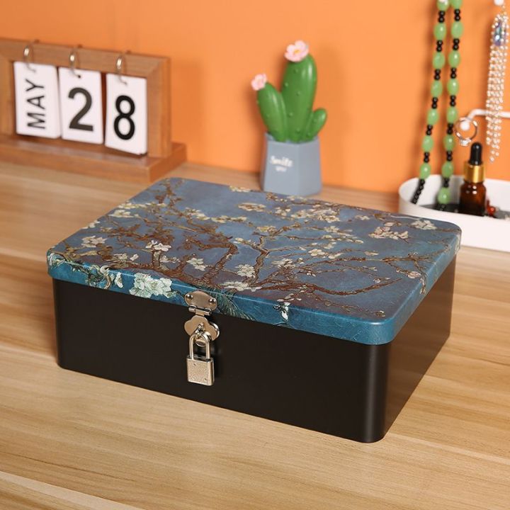 Retro tinplate box with lock key desktop storage box cosmetics document storage household jewelry empty box
