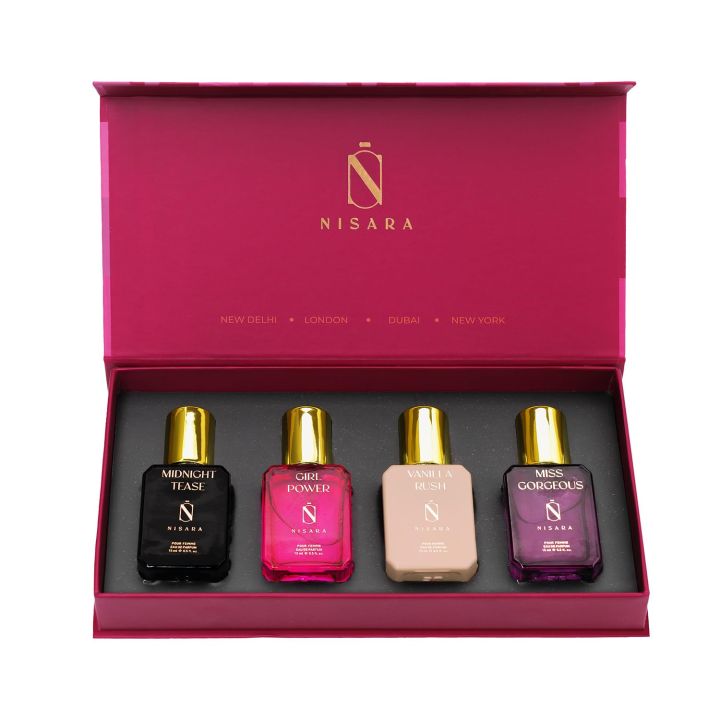 Nisara Long Lasting Woman Perfume Gift Set 4x15ml(60ml) | Notes:- Warm Vanilla, Floral Woody Musky with | Midnight Tease | Girl Power | Vanilla Rush | Miss Gorgeous | Travel & Pocket friendly perfume kit for all moods & occasions