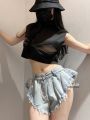 WOMENGAGA Summer Hot High Waist Flared Shorts Fashion Loose Casual Denim Shorts Fashion 2022 Cowboy Bluw Sweet UNR7.