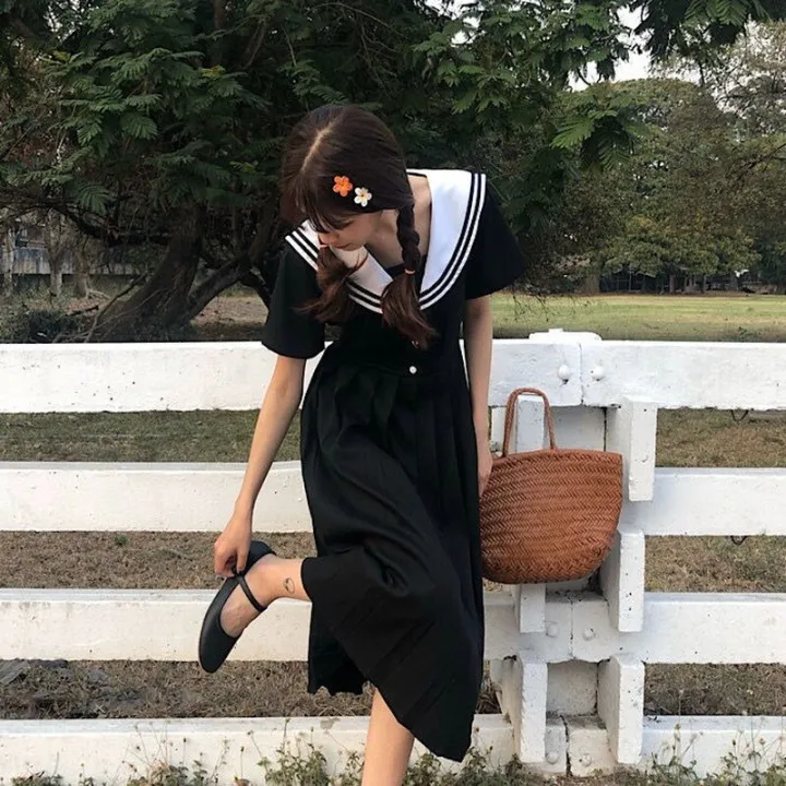 Dresses%20Women%20Preppy%20Style%20Sailor%20Collar%20Japanese%20Stylish%20Short%20Sleeve%20Sweet%20Vintage%20High-waist%20Students%20Girls%20All-match%20Female%20-%20Image%206