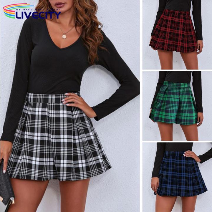 Knee length pleated plaid skirt best sale