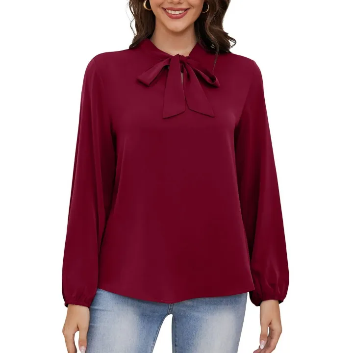 Wine%20Red%20Women%E2%80%99s%20Dressy%20georgette%20Blouse%20Business%20Work%20Casual%20Tie%20Neck%20Shirt%20Tops%20-%20Image%205