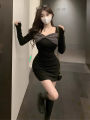 Sexy Sweet and Spicy Twisted Knitted Long-Sleeved Dress Women's Autumn and Winter Korean Style Inner Wear Sense Waist-Controlled Base Hip Wrapping Skirt Short Skirt.