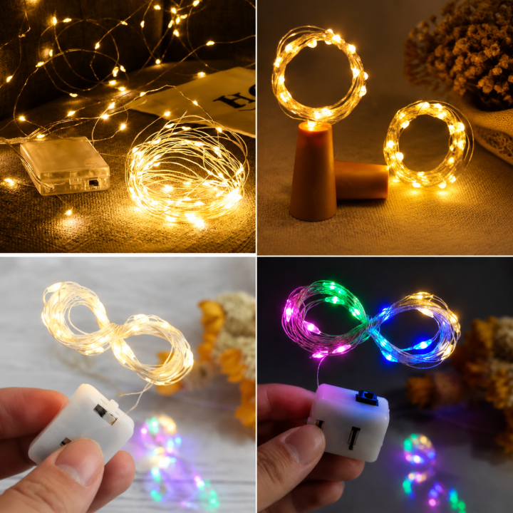 Battery Operated Decorative Party String Fairy Lights 50 LED 15 Feet & 20 LED 7 Feet Mini Micro Copper Wire Light Gold & Multicolour Fairy Light Bottle Cork String Light for Room Party Decoration