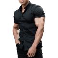 Canis-Men Casual Shirt, Solid Color Short Sleeve Lapel Neck Slim Fit Button-Down Leisure Tops. 
