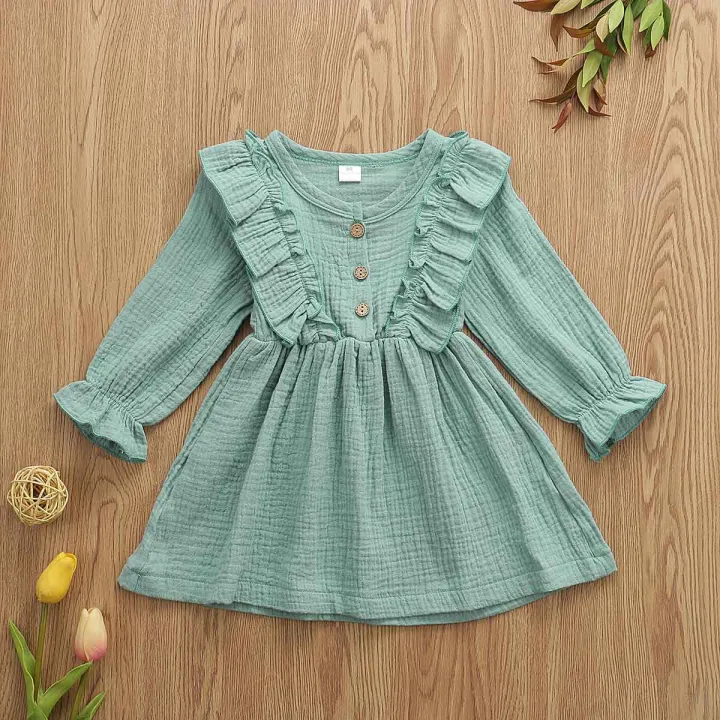 Baby%20Girls%20Solid%20Cotton%20Crepe%20Dress%20Soft%20Fabric%20Long%20Sleeve%20Ruffle%20Party%20Casual%20Toddler%20Outfit%20Comfortable%20Kids%20Clothing%20-%20Image%202