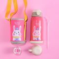 600ml Kids Child Vacuum Bottle Thermal Flask Cup Cute Cartoon Long Lasting Rabbit with Pouch Straw Stainless Steel. 
