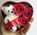 Heart Shaped Box Best Gift For Valentine, Red Scented Rose Soap Flower Petals & Soft Teddy Bear- Red Colour -Multi-Color - Gift Box. 