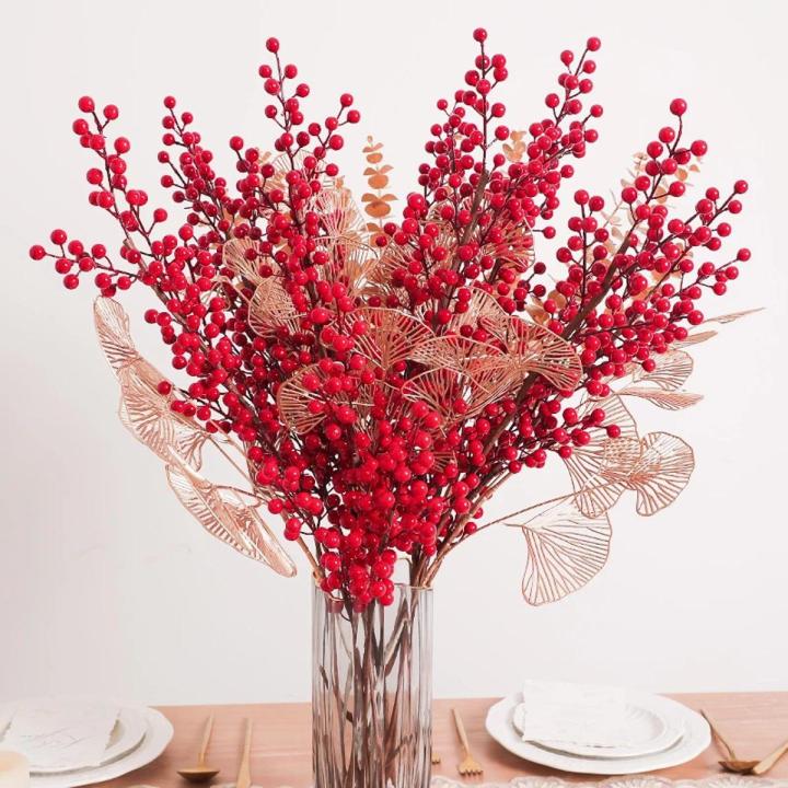 60/65/75cm Red Berries Stems Ornament Plastic Fake Flowers DIY Artificial Bedroom Dinner New Year Table Simulated Christmas Fortune Decoration Berry Flower Bouquet Wedding