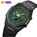 SKMEI 1816 Black Stainless Steel Dual Time Watch For Men - Green & Black (Black). 