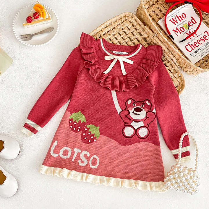 2024 Autumn/Winter New Girls' Knitted Cute Pink Strawberry Bear Baby Girl Warm Pure Cotton Pullover Dress