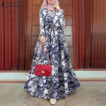 ZANZEA Muslimah Womens Muslim Retro Printed Long Sleeve Belted A-Line Flare Baggy Maxi Dresses. 