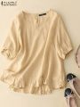Woman Vintage Solid Blouse Femme Half Sleeve O-Neck Shirt Elegant Casual Tunic Tops Blusas.