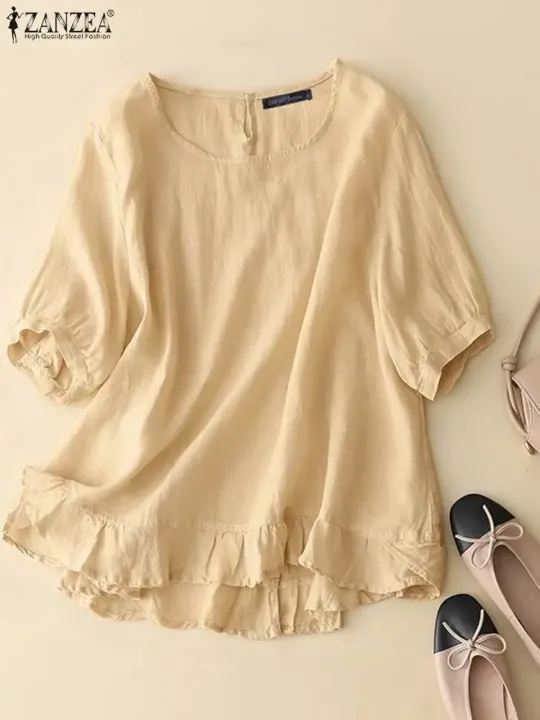 Woman%20Vintage%20Solid%20Blouse%20Femme%20Half%20Sleeve%20O-Neck%20Shirt%20Elegant%20Casual%20Tunic%20Tops%20Blusas%20-%20Image%205