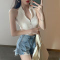 Spring flowers Women Half Zip Tank Tops, Sleeveless Solid Color Rib Knit Slim Fit Halter Crop Tops. 