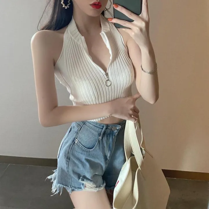 Spring%20flowers%20Women%20Half%20Zip%20Tank%20Tops,%20Sleeveless%20Solid%20Color%20Rib%20Knit%20Slim%20Fit%20Halter%20Crop%20Tops%20-%20Image%204