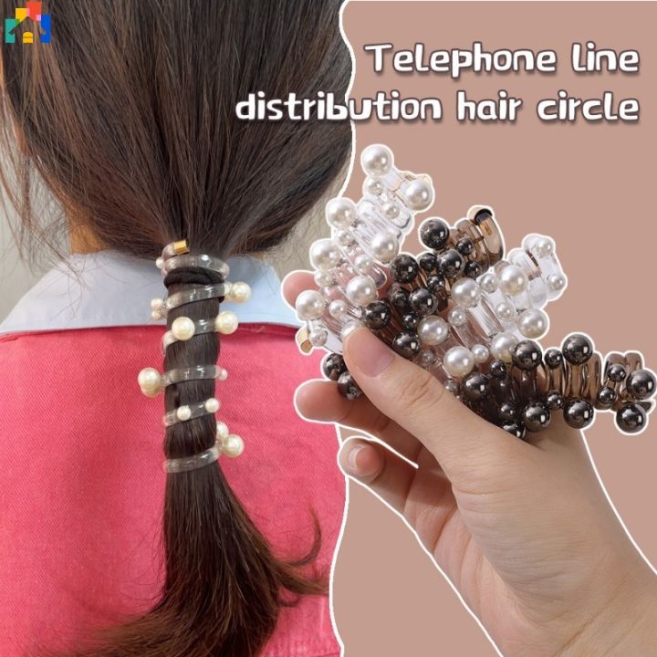 Women Girls Telephone Wire Hair Rubber Band Versatile Elastic Ponytail Holder Imitation Pearl Spiral Hair Tie Hair Accessories