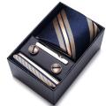 100% Silk Brand Tie Handkerchief Cufflink Set For Men Necktie Holiday Gift Box Blue Gold Suit Accessories Slim Wedding Gravatas.