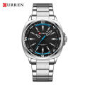 CURREN 8455 Men's Wristwatches with Round Dial Casual Stainless Steel Fashionable Casual Classic Quartz Watch For Men- Silver Black & Sky. 