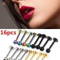 16Pcs Stainless Steel Lip Ring Ball Tongue Bars Rings Barbell Body Piercing. 