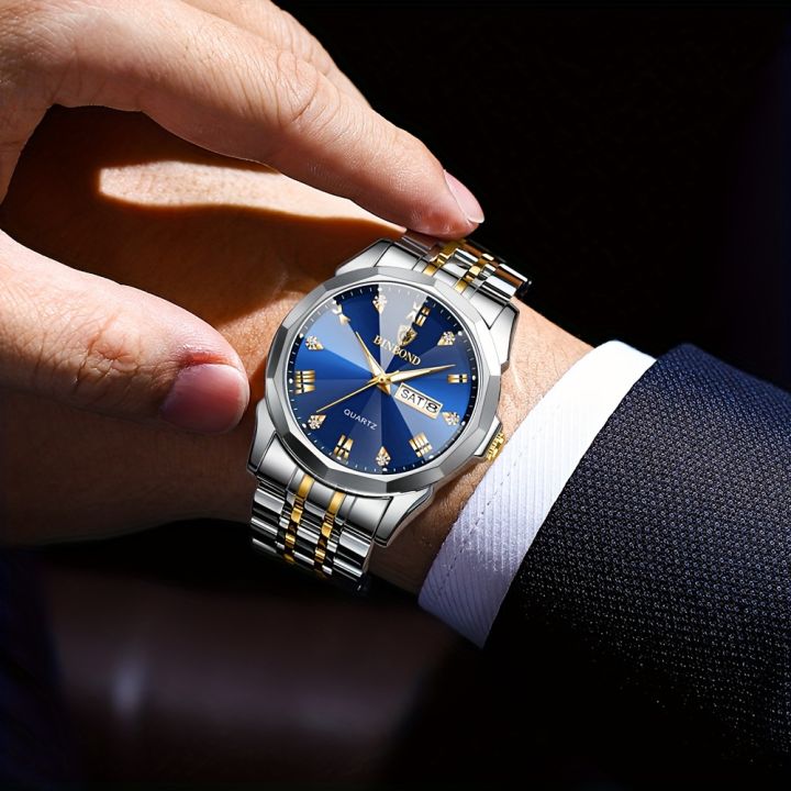 BINBOND Fashion Men's Wristwatch, Waterproof Luminous Date Week Stainless Steel Quartz Watch