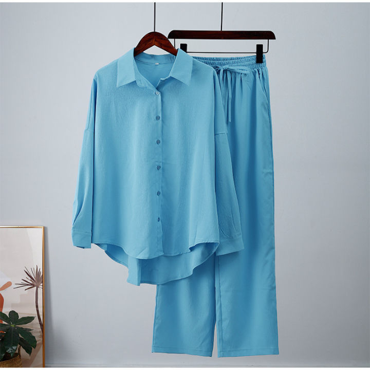women%20clothing%20ladies%20loose%20stretch%20crease%20long%20sleeve%20shirt%20wide%20leg%20pants%20casual%20sets%20women's%202%20piece%20set%20-%20Image%207