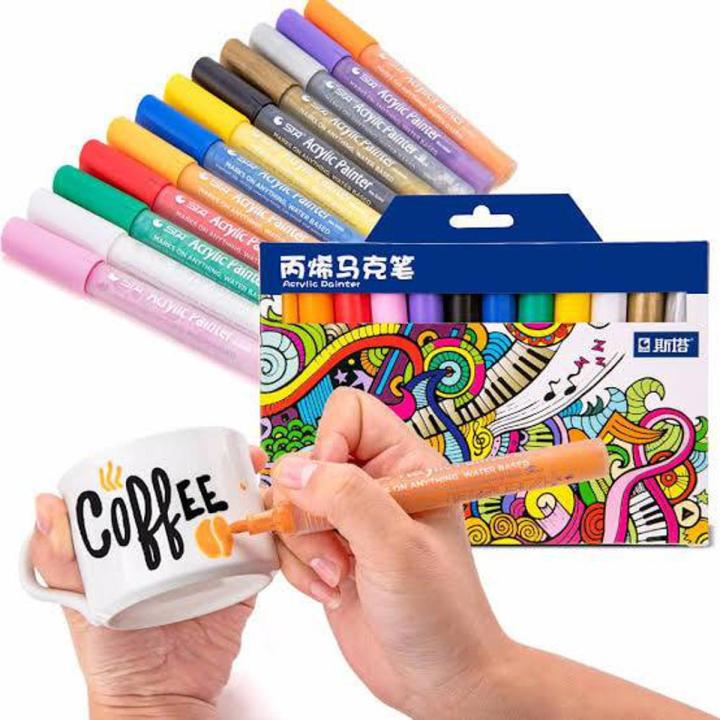 STA Acrylic Paint Marker Pens – 12 Colors, Permanent Art Markers for DIY on Glass, Ceramic, Rock, Wood, Canvas, Metal, and Fabric – Highly Pigmented for Beginners, Hobbyists & Professionals