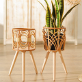 Rattan Indoor Plant Stand Straw Woven Flowers Pot Holder Stool with Legs Floor Planter Baskets Rack Wooden Plant Shelf B Easy Install. 
